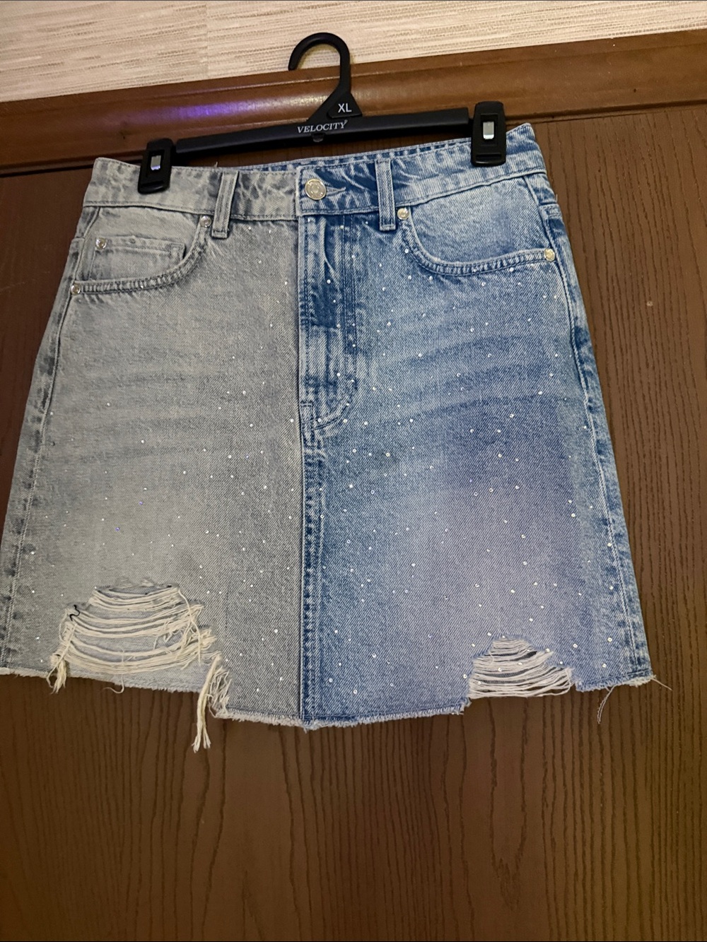 Liu Jo Denim Two-Tone Distressed Mini Skirt with Sparkle NWOT